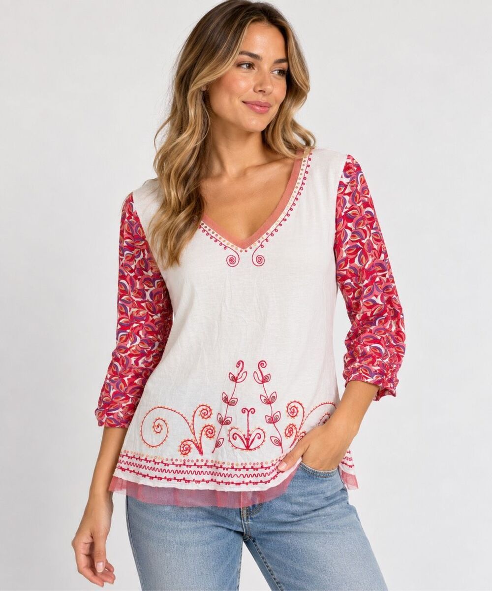 Vintage Y2K Usindo Embroidered Boho Tunic Top Pink Red 3/4 Sleeve Small